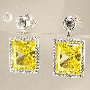 New Jean Dousset Yellow Princess Cut Cubic Zirconia Dangle Halo Stud Earrings